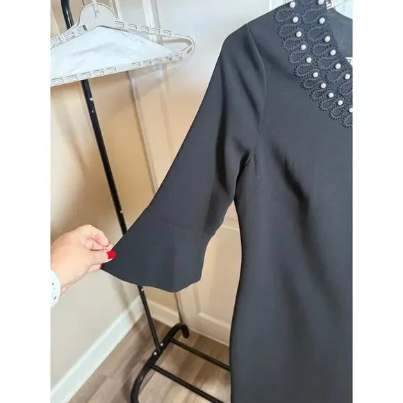 Karl Lagerfeld Paris Black Pearl Embellished Dress Bell Sleeve Women’s Size 14 - Picture 4 of 15